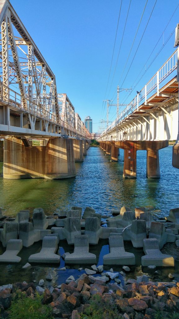 Deux ponts de chemin de fer sur la rivière Yodo-gawa à Osaka