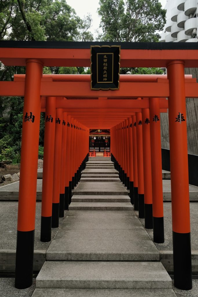 L'allée de torii de l'autel derrière le sanctuaire Ikuta Jinja