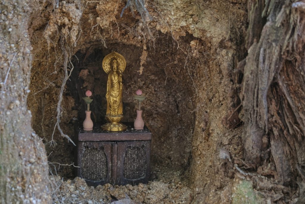 Un petit autel sous un arbre sur la randonnée du mont Ikoma