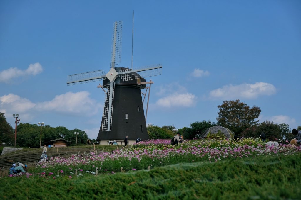 Le moulin du parc Tsurumi Ryokuchi et ses parterres de fleurs