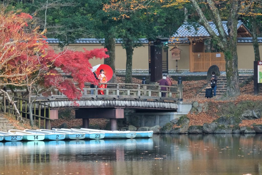 Un couple se prend en photo devant les arbres d'automne sur un pont du Sagiike