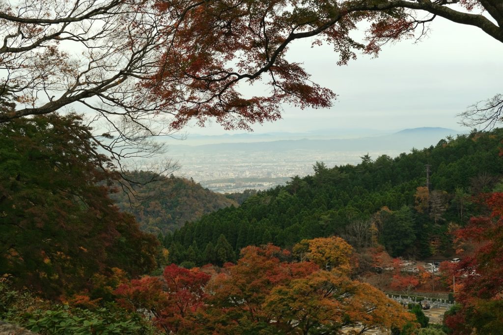 Aperçu de la ville derrière le Katsuo-ji de Minoo et ses arbres d'automne