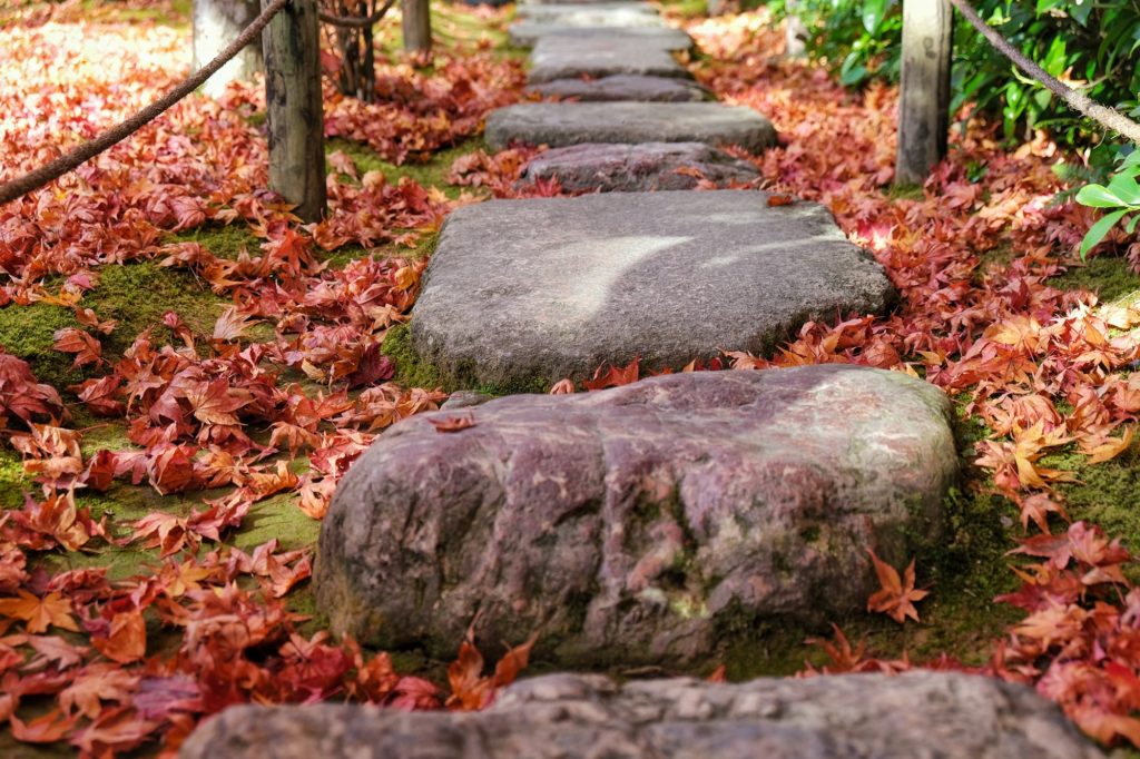 Les pierres du chemin entre les feuilles d'érables tombés au sol au Okochi Sanso