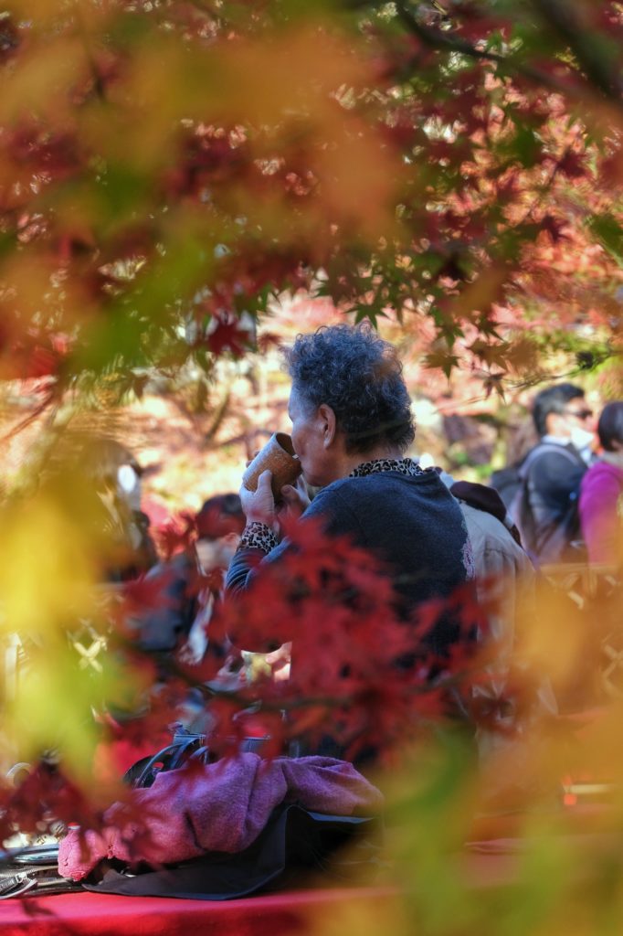 Une dame japonaise boit un thé sous les érables de l'automne au temple Eikan-do Zenrin-ji de Kyoto