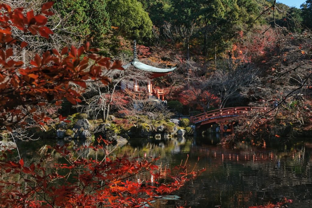 Le temple Bentendo et l'étang du Daigo-ji de Kyoto entourés de momiji un peu dégarnis