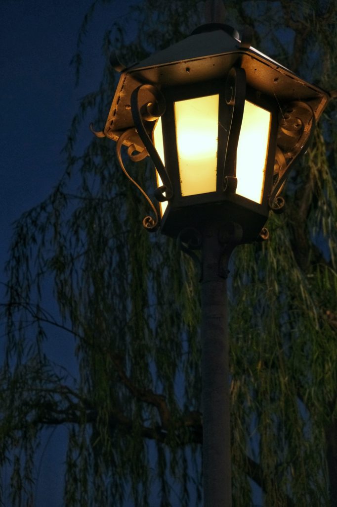 Un lampadaire éclaire un saule pleureur du quartier Bikan de Kurashiki