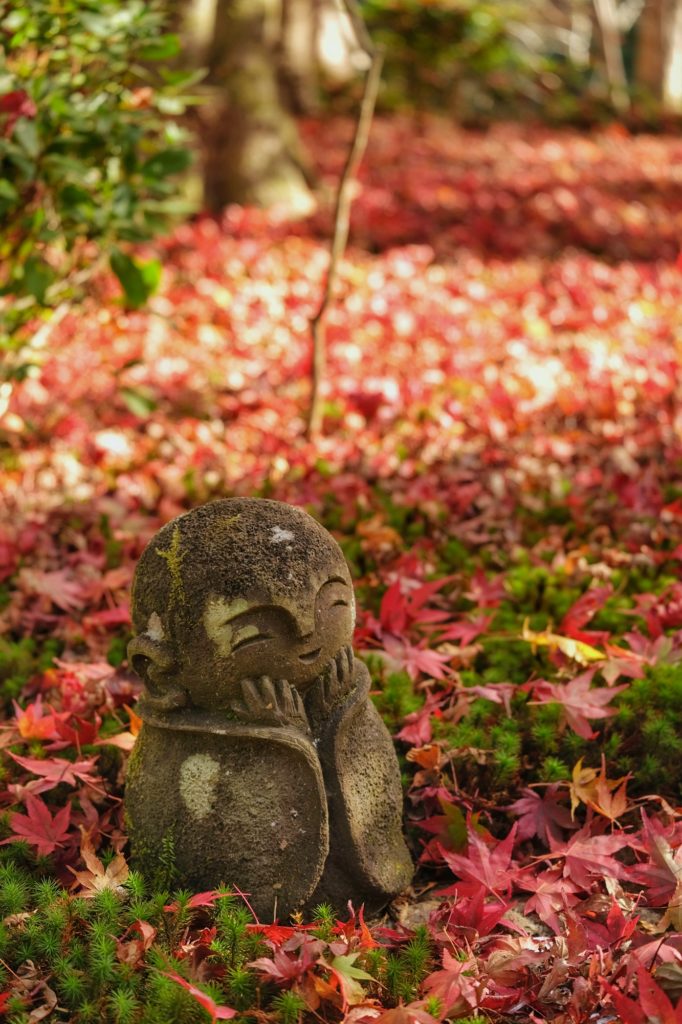 Un Jizo dans la mousse et les feuilles d'érables rouges dans le jardin du Enko-ji